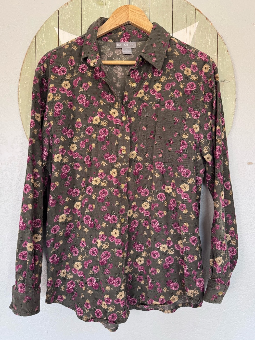 Capacity large floral cotton corduroy button up